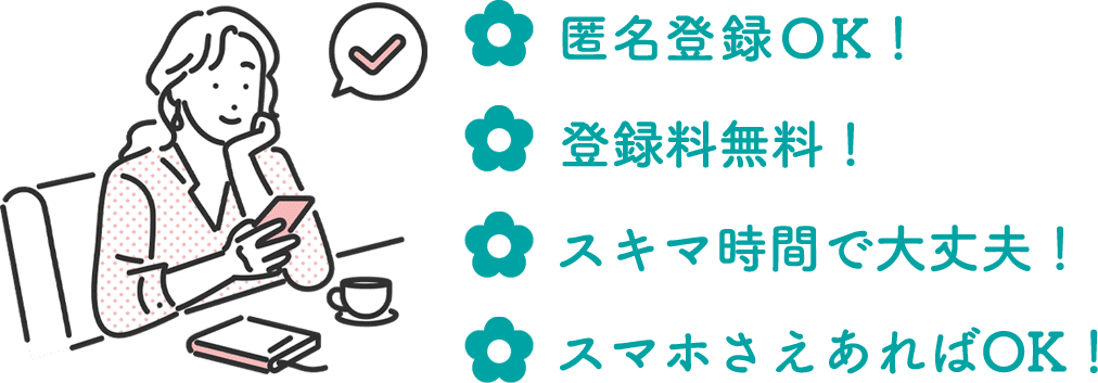 匿名登録ＯＫ！登録料無料！スキマ時間で大丈夫！スマホさえあればＯＫ！